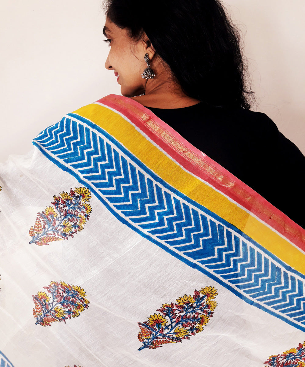 Red blue yellow handblock printed chanderi silk dupatta
