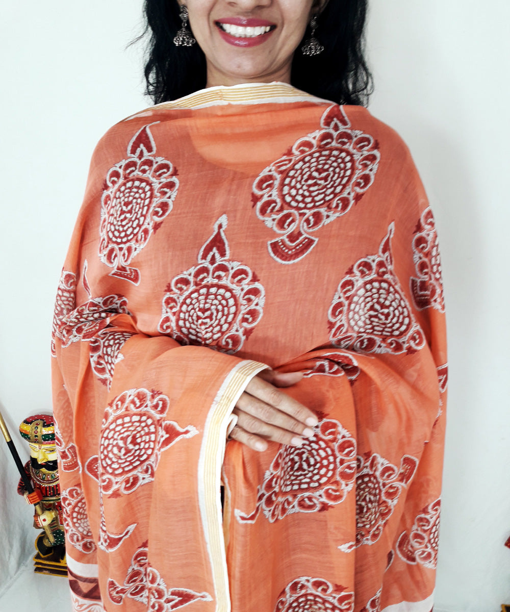 Orange handblock printed chanderi silk dupatta