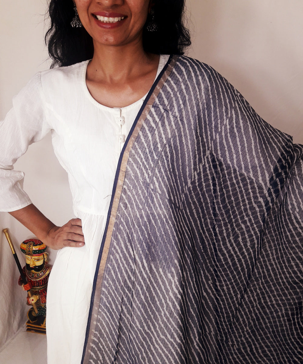 Navy blue handblock printed kota doria dupatta