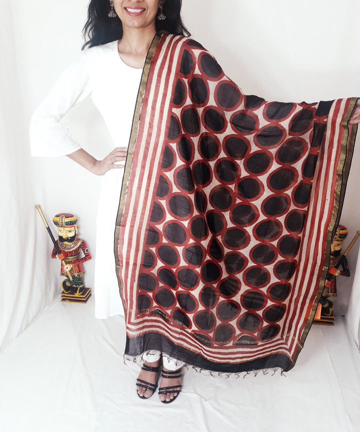 Black red handblock printed chanderi silk dupatta