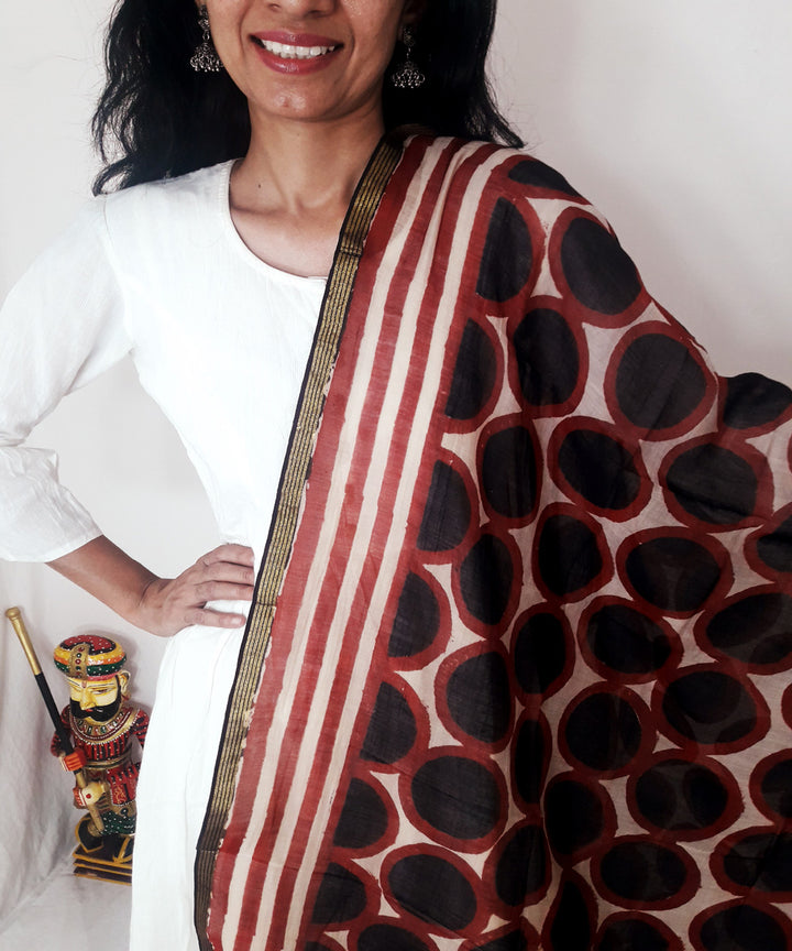 Black red handblock printed chanderi silk dupatta