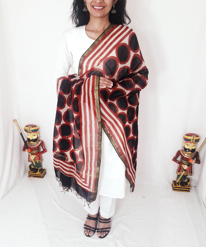 Black red handblock printed chanderi silk dupatta