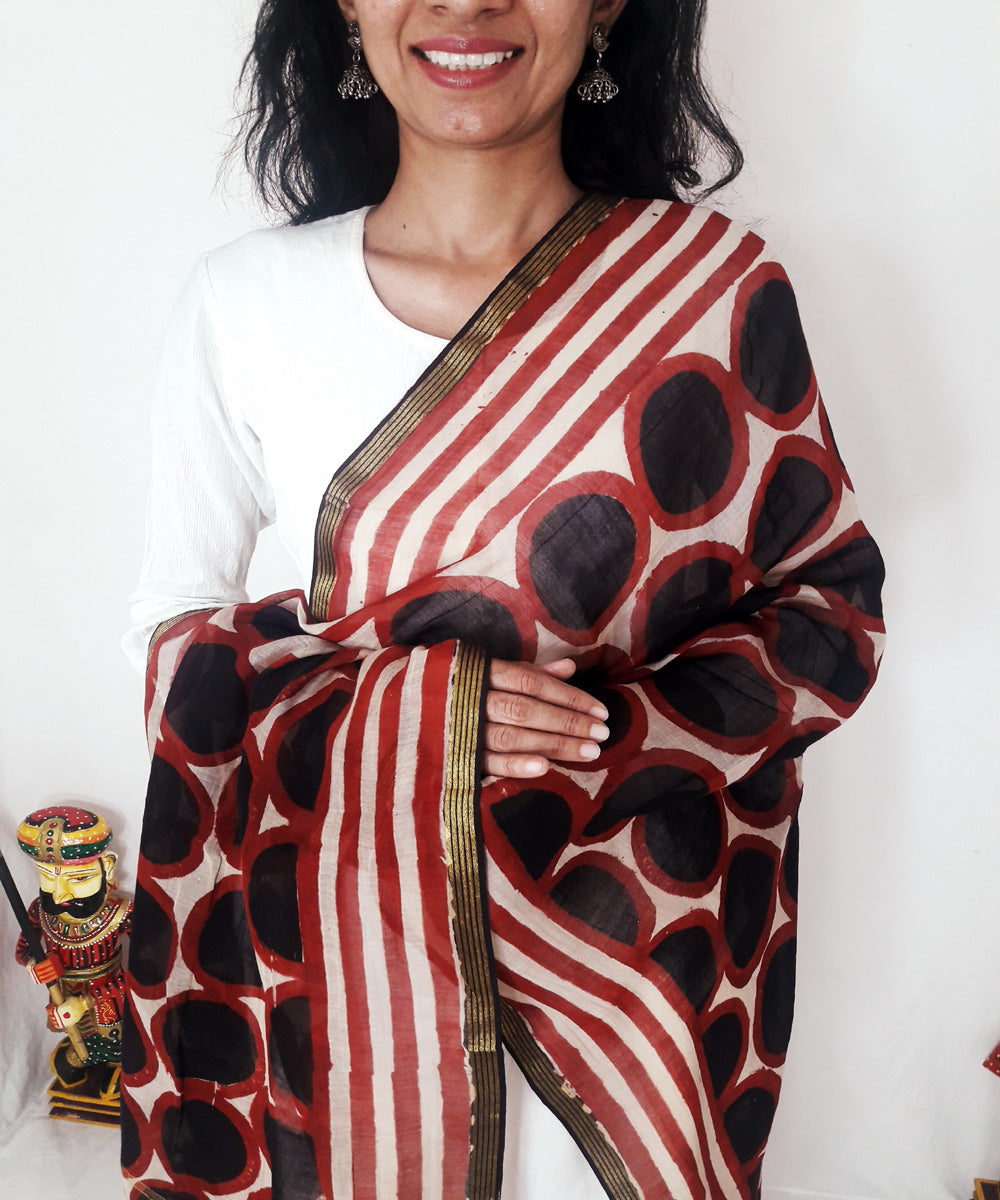 Black red handblock printed chanderi silk dupatta