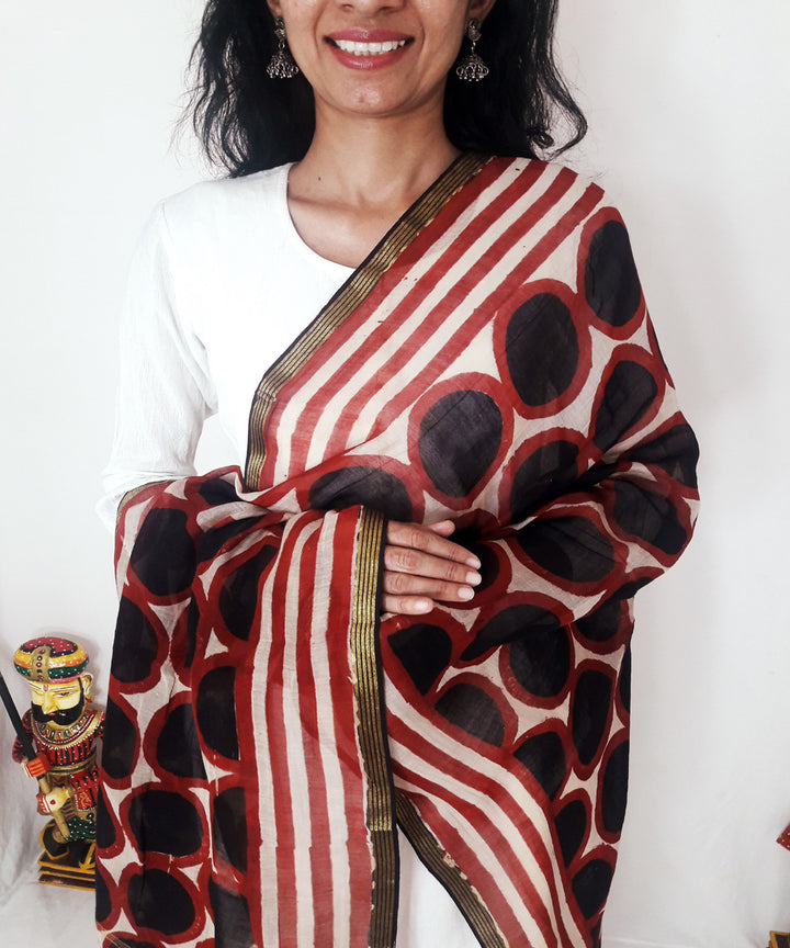 Black red handblock printed chanderi silk dupatta