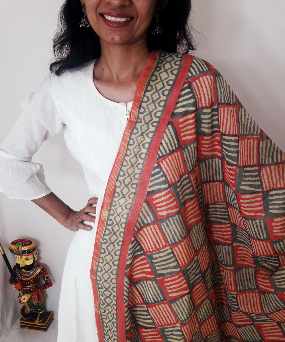 Red handblock printed chanderi silk dupatta