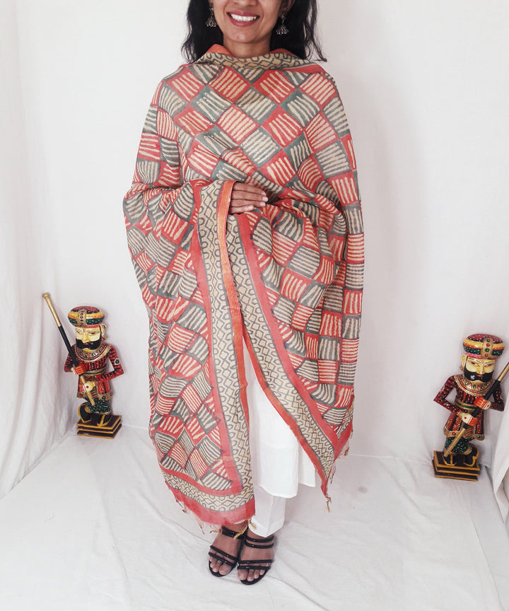 Red handblock printed chanderi silk dupatta