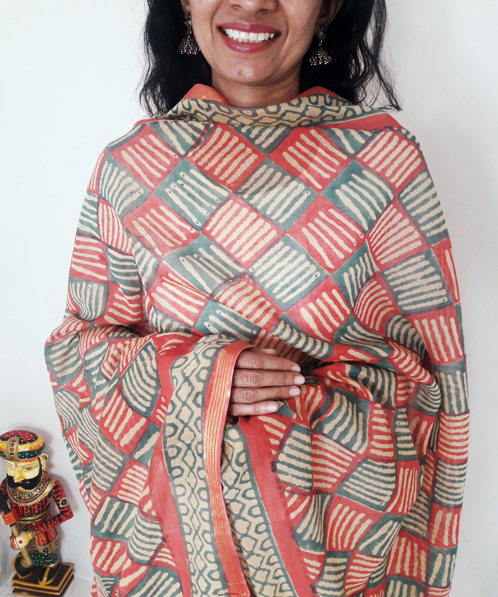 Red handblock printed chanderi silk dupatta