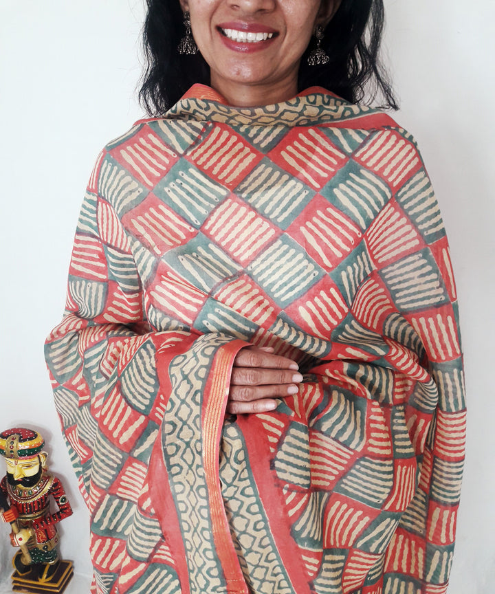 Red handblock printed chanderi silk dupatta