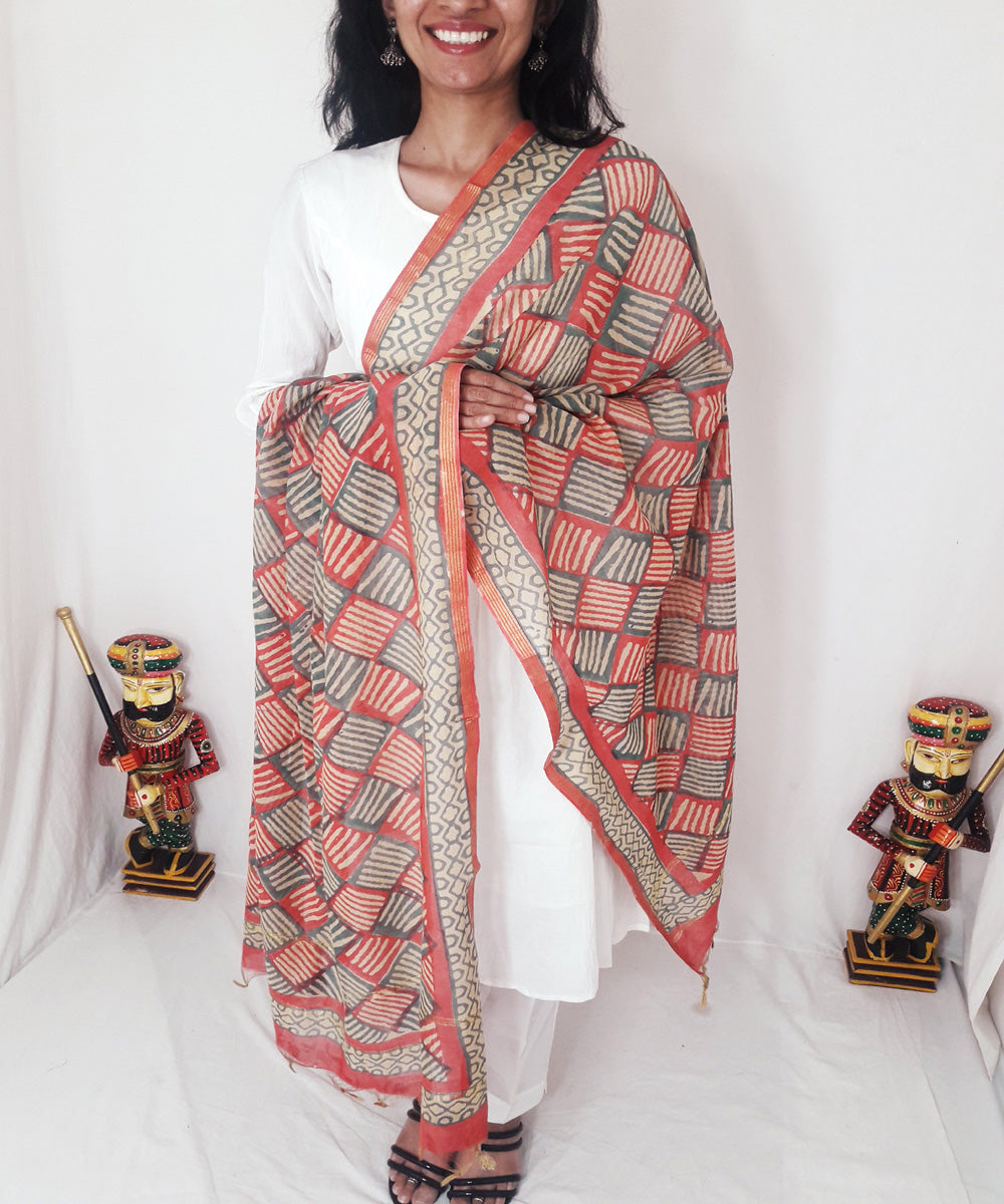 Red handblock printed chanderi silk dupatta