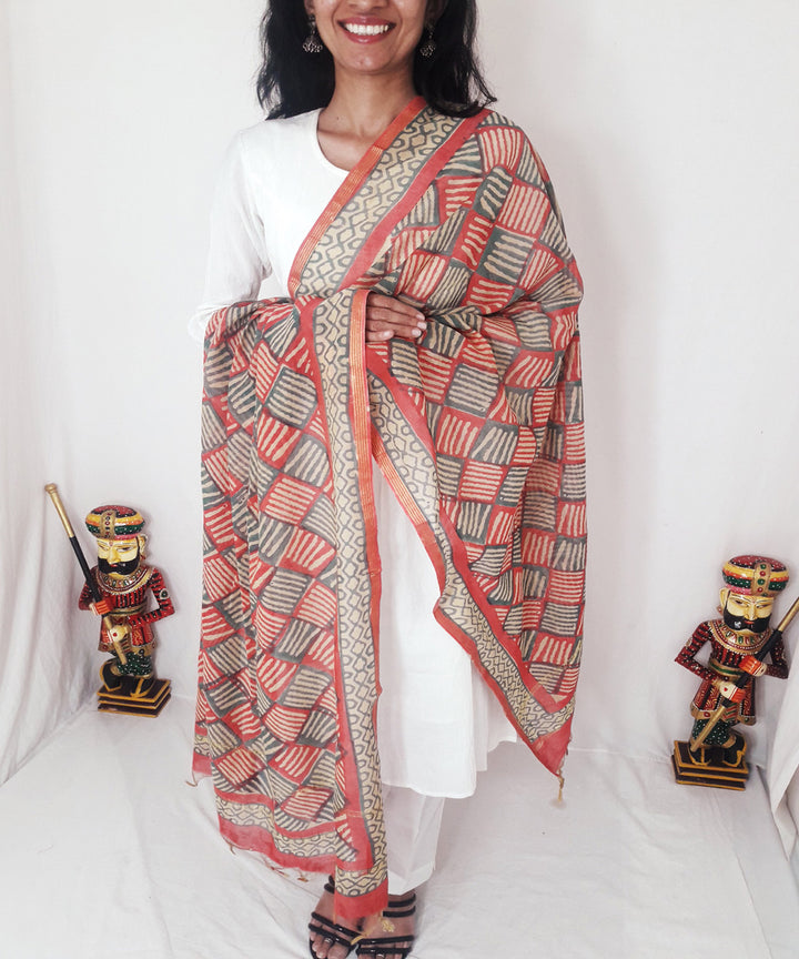 Red handblock printed chanderi silk dupatta