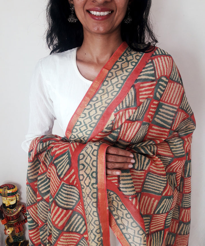 Red handblock printed chanderi silk dupatta