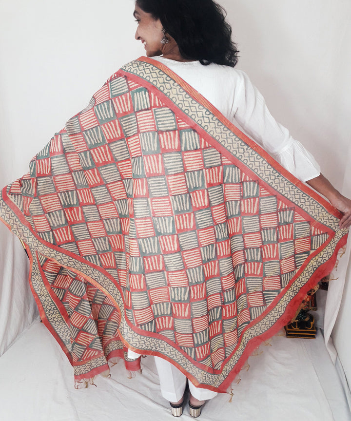 Red handblock printed chanderi silk dupatta