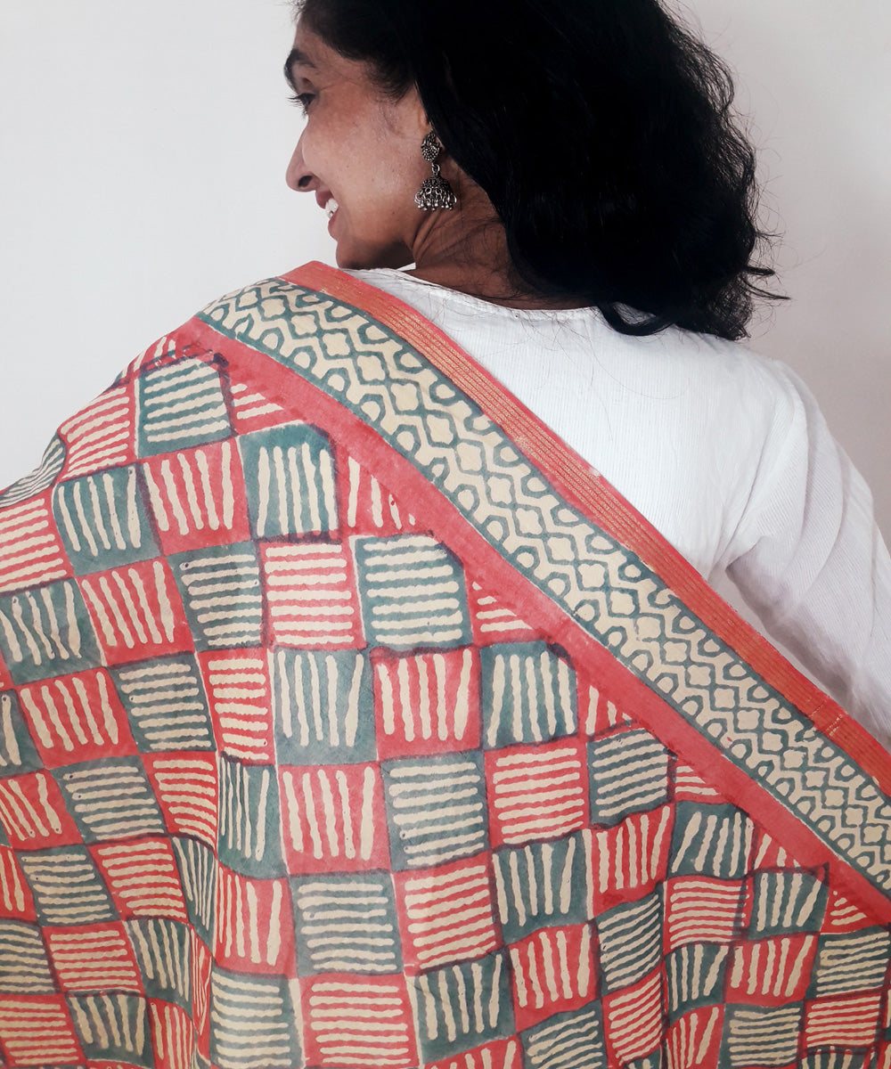 Red handblock printed chanderi silk dupatta
