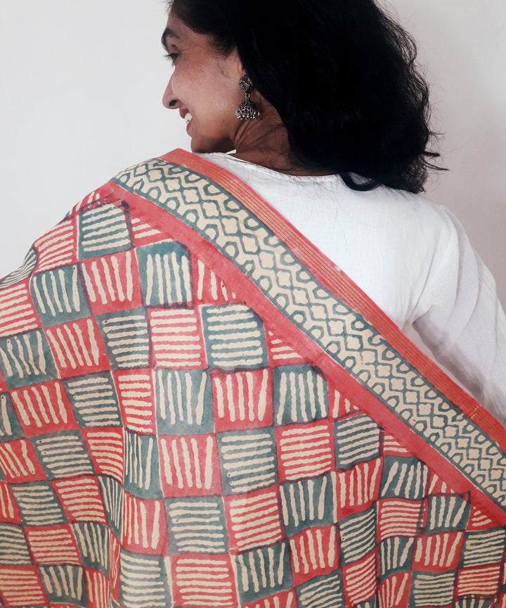 Red handblock printed chanderi silk dupatta