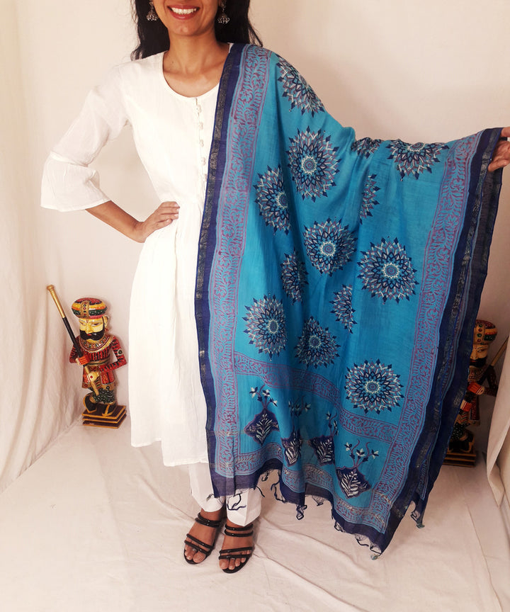 Blue handblock printed chanderi silk dupatta