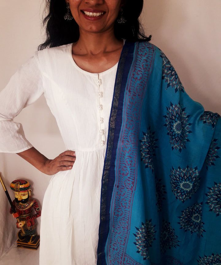 Blue handblock printed chanderi silk dupatta
