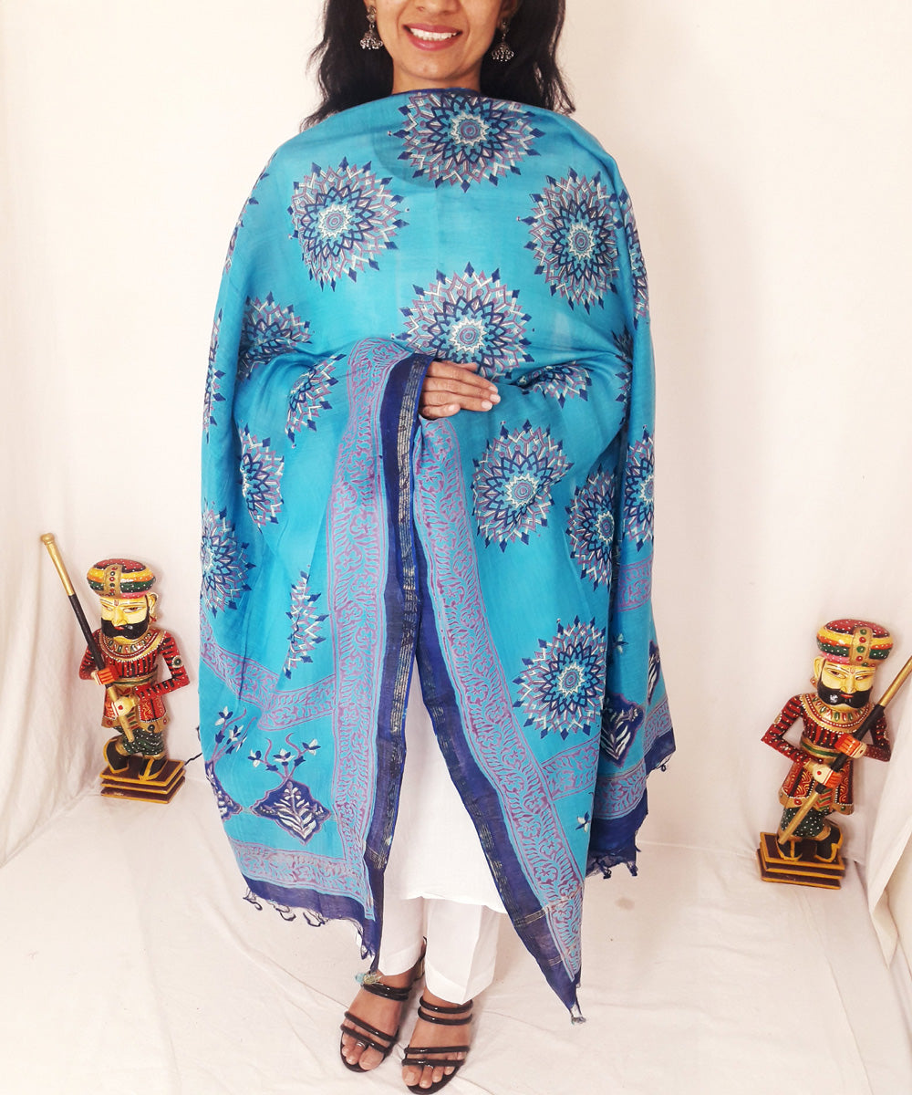 Blue handblock printed chanderi silk dupatta