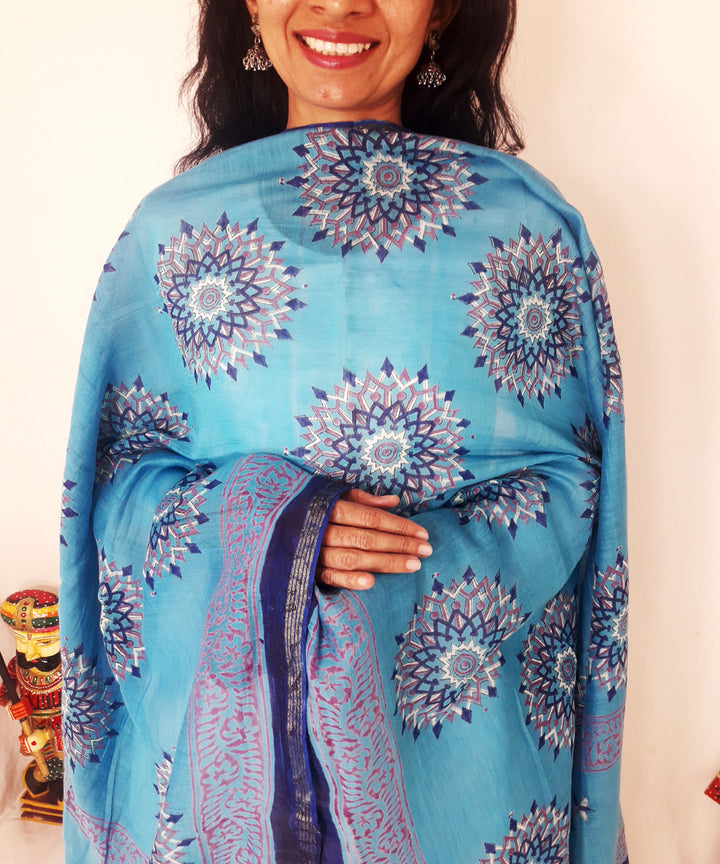 Blue handblock printed chanderi silk dupatta