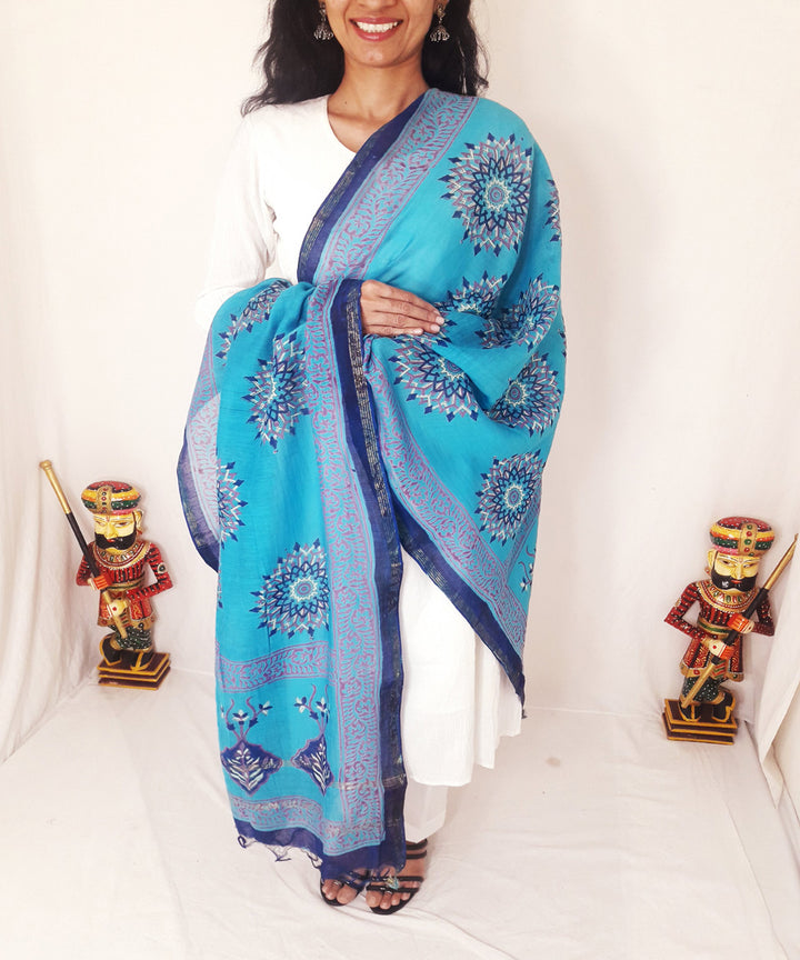 Blue handblock printed chanderi silk dupatta