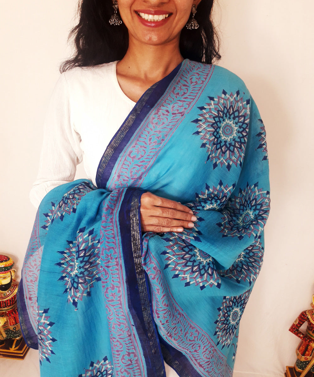 Blue handblock printed chanderi silk dupatta