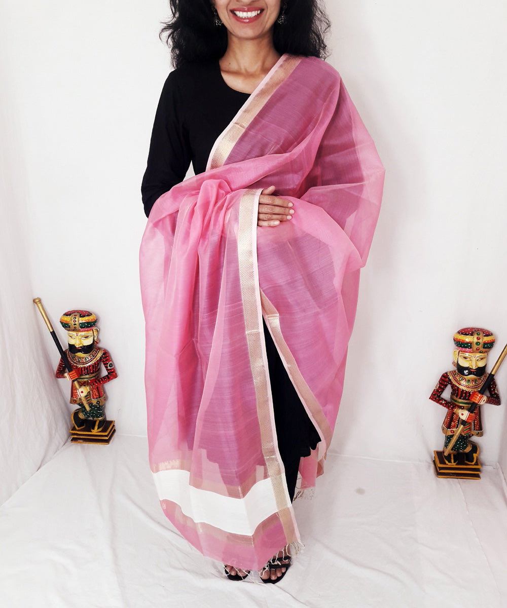 Pink handloom maheshwari silk dupatta with zari border