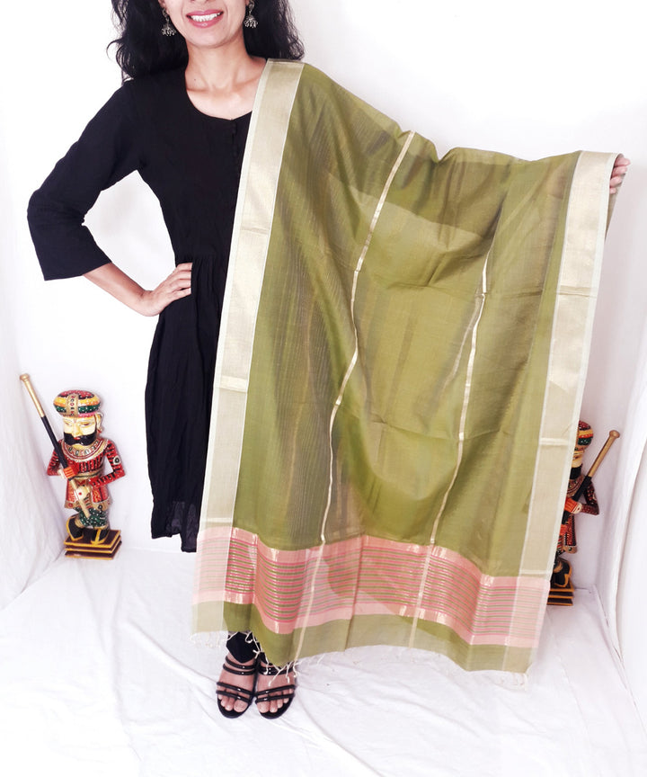 Olive green handloom maheshwari silk dupatta with zari border