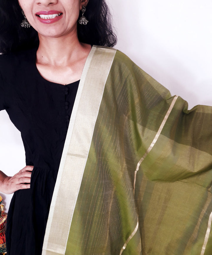 Olive green handloom maheshwari silk dupatta with zari border