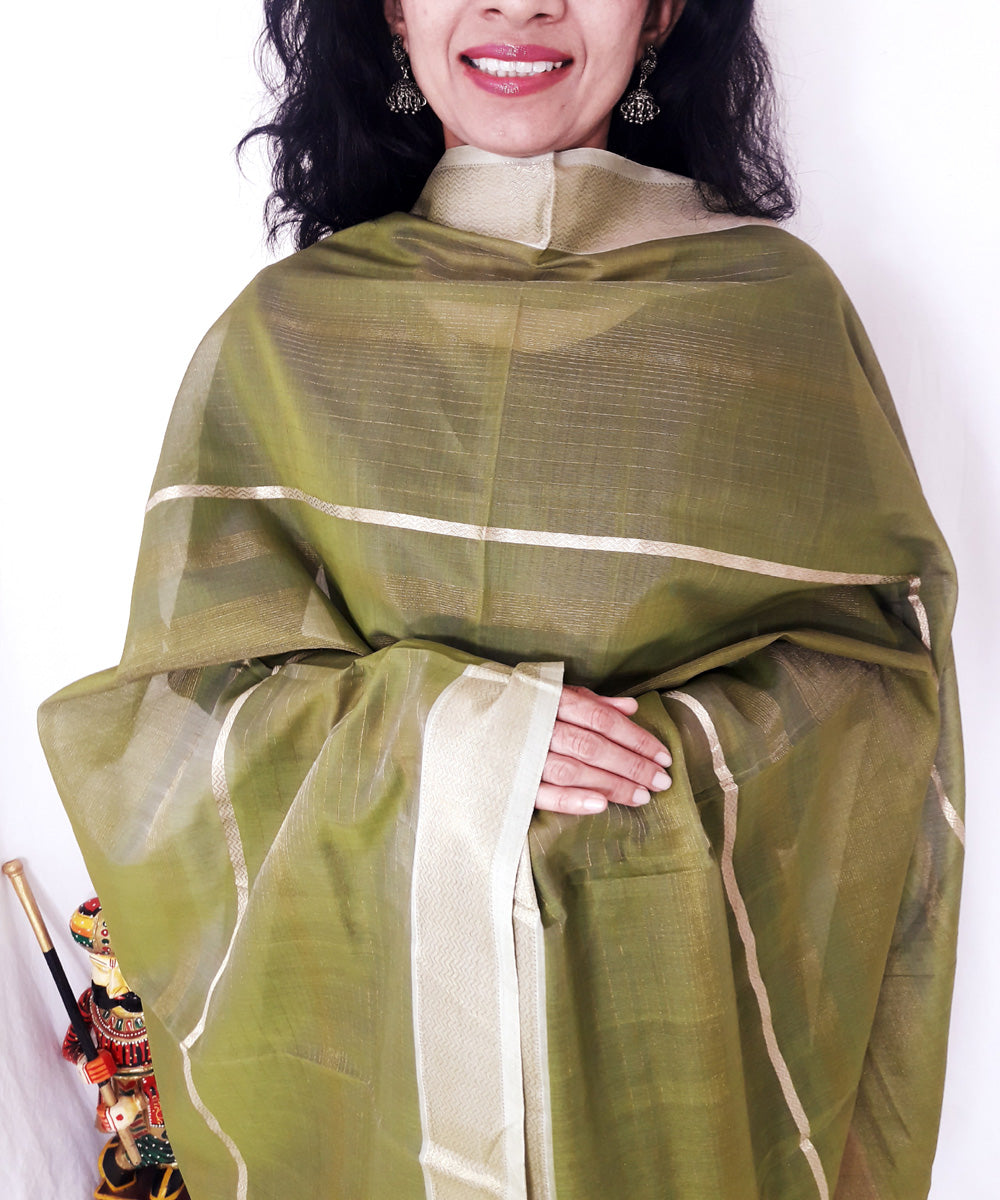 Olive green handloom maheshwari silk dupatta with zari border