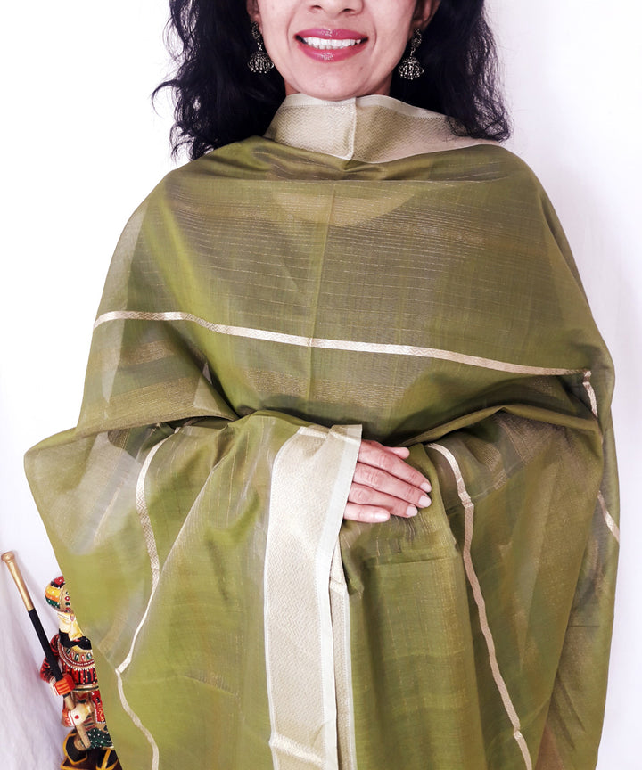 Olive green handloom maheshwari silk dupatta with zari border