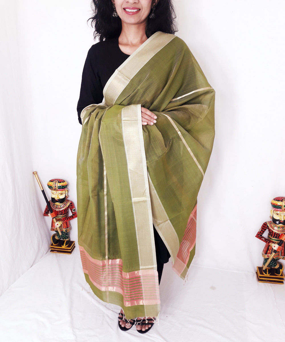Olive green handloom maheshwari silk dupatta with zari border