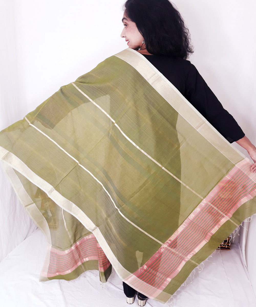 Olive green handloom maheshwari silk dupatta with zari border