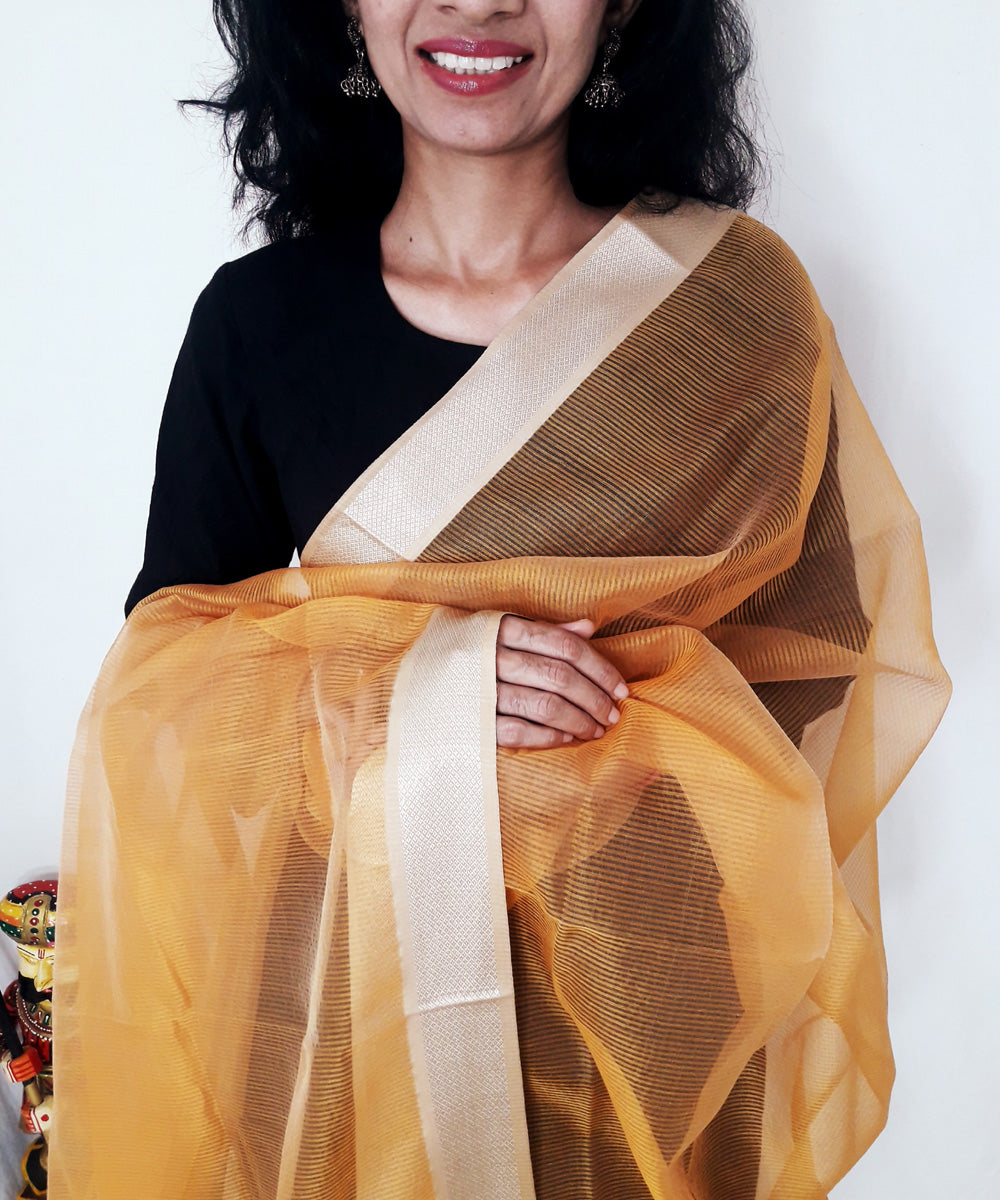 Orange handloom maheshwari silk dupatta with zari border