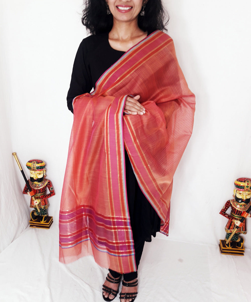 Pink handloom maheshwari silk stole with zari border