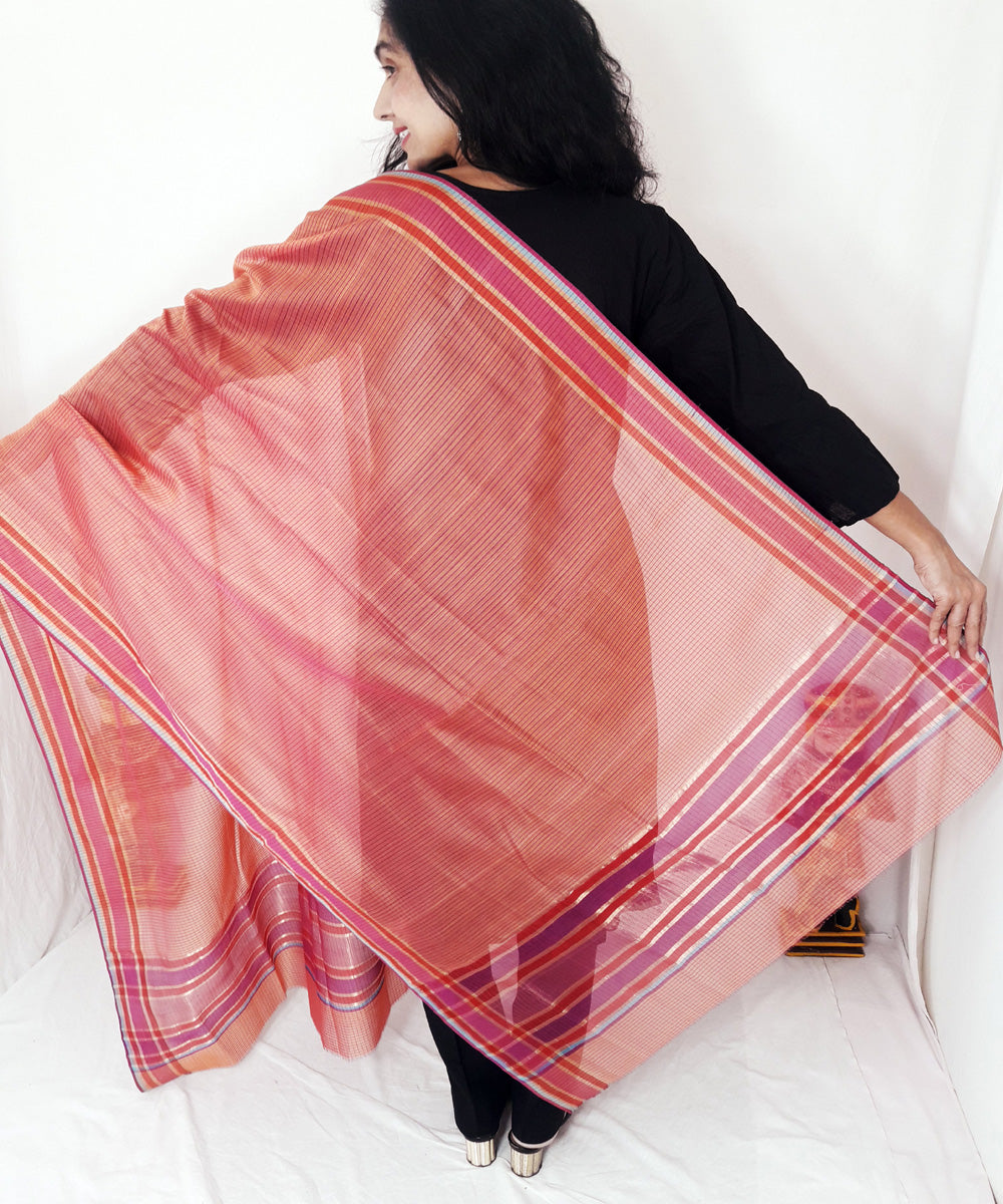 Pink handloom maheshwari silk stole with zari border