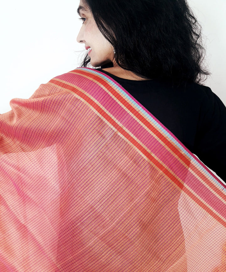 Pink handloom maheshwari silk stole with zari border