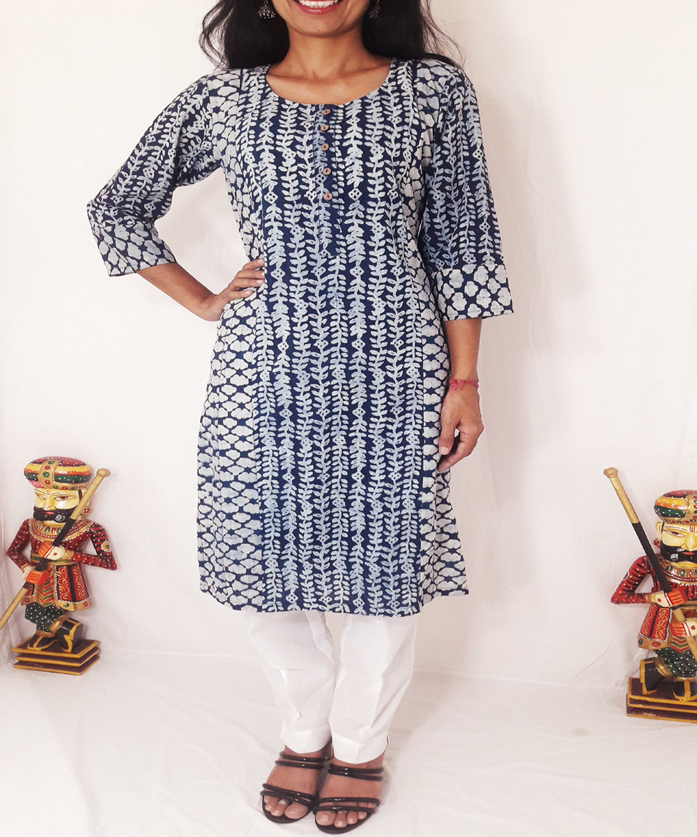 Indigo hand block printed cotton kurti