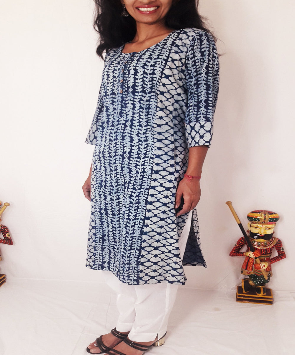 Indigo hand block printed cotton kurti