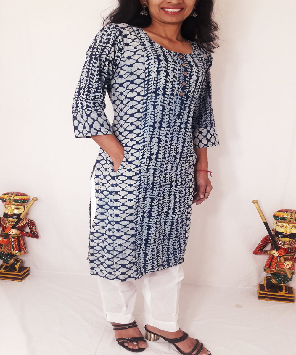 Indigo hand block printed cotton kurti