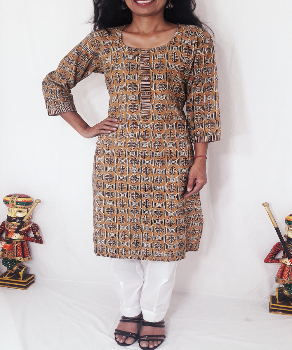Yellow mustard ajrakh hand block printed cotton kurti