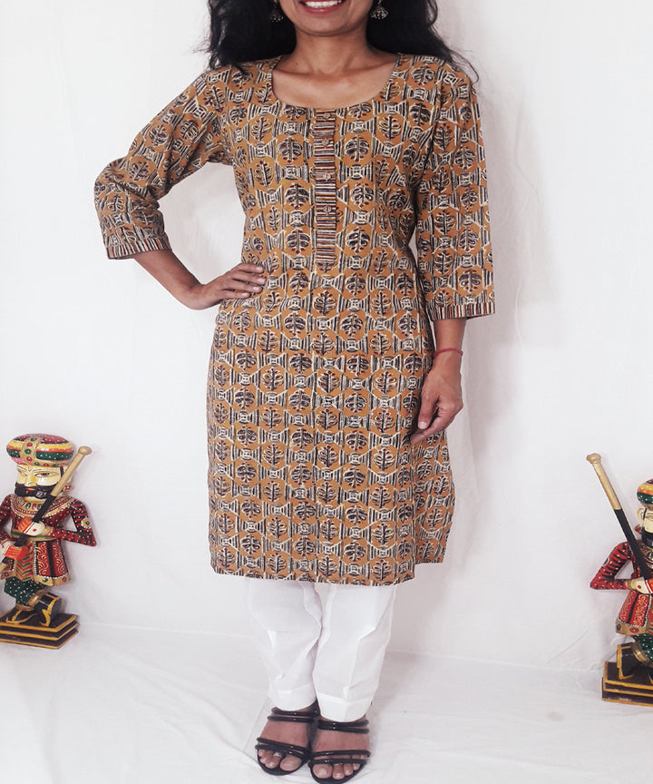 Yellow mustard ajrakh hand block printed cotton kurti