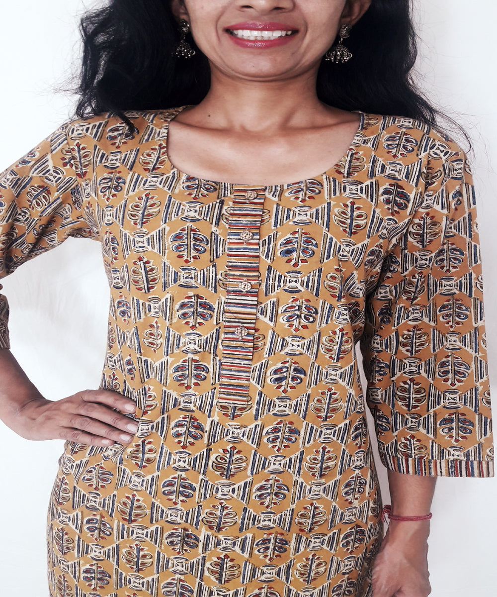 Yellow mustard ajrakh hand block printed cotton kurti