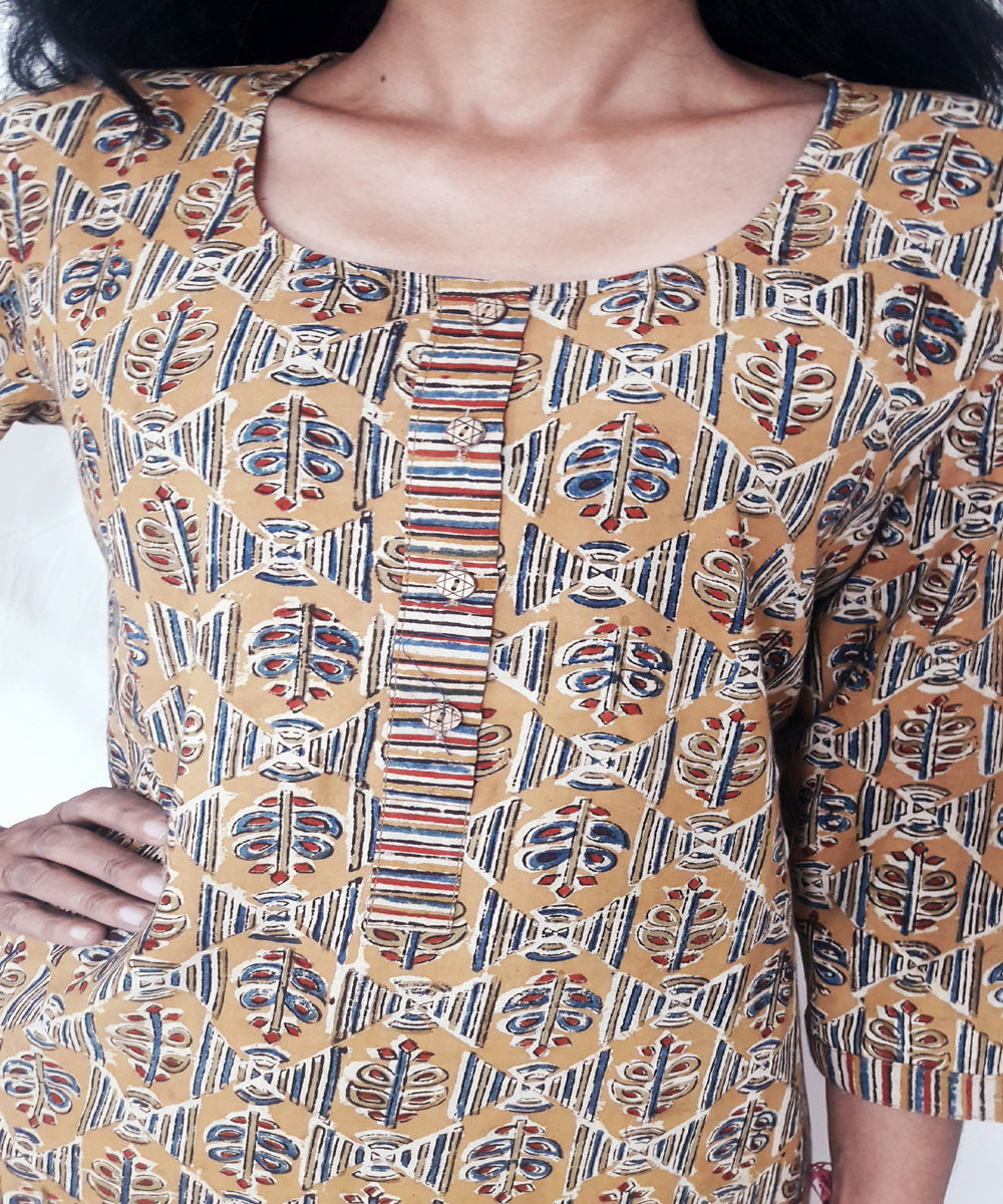 Yellow mustard ajrakh hand block printed cotton kurti