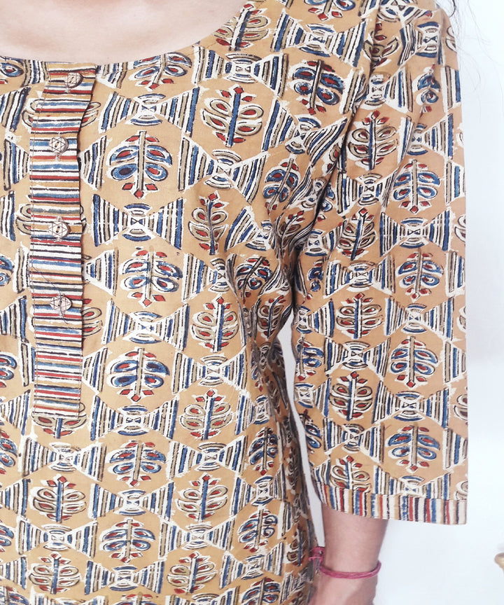 Yellow mustard ajrakh hand block printed cotton kurti