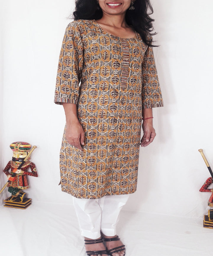 Yellow mustard ajrakh hand block printed cotton kurti