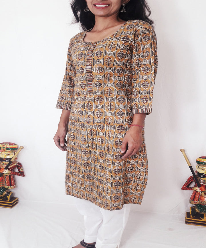 Yellow mustard ajrakh hand block printed cotton kurti