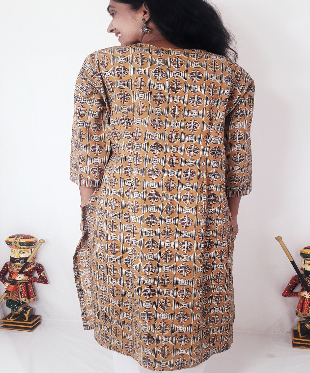 Yellow mustard ajrakh hand block printed cotton kurti
