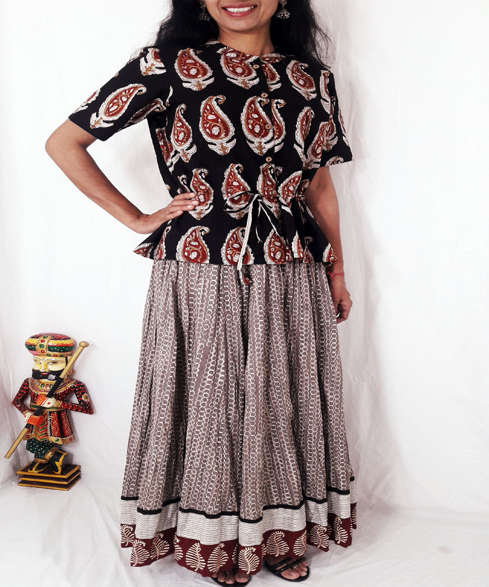 Black hand block printed cotton top