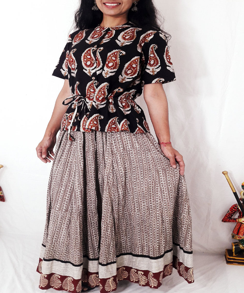 Black hand block printed cotton top