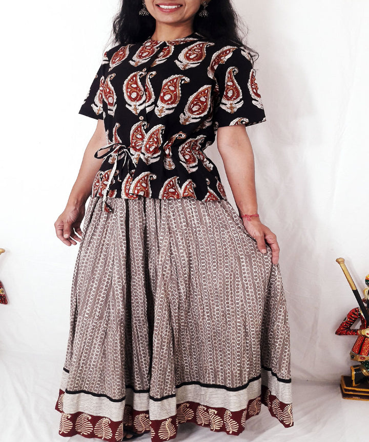 Black hand block printed cotton top