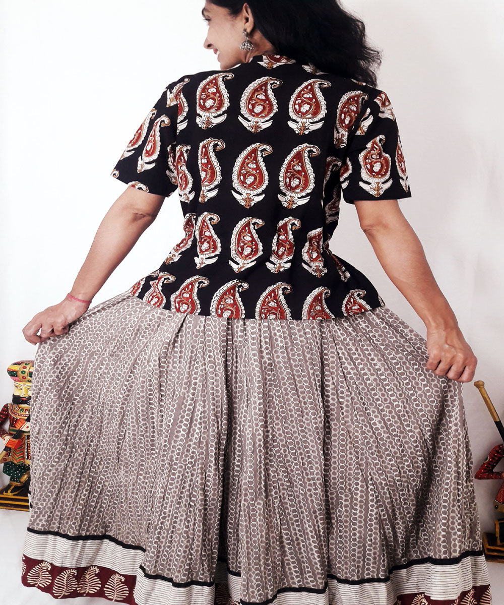 Black hand block printed cotton top